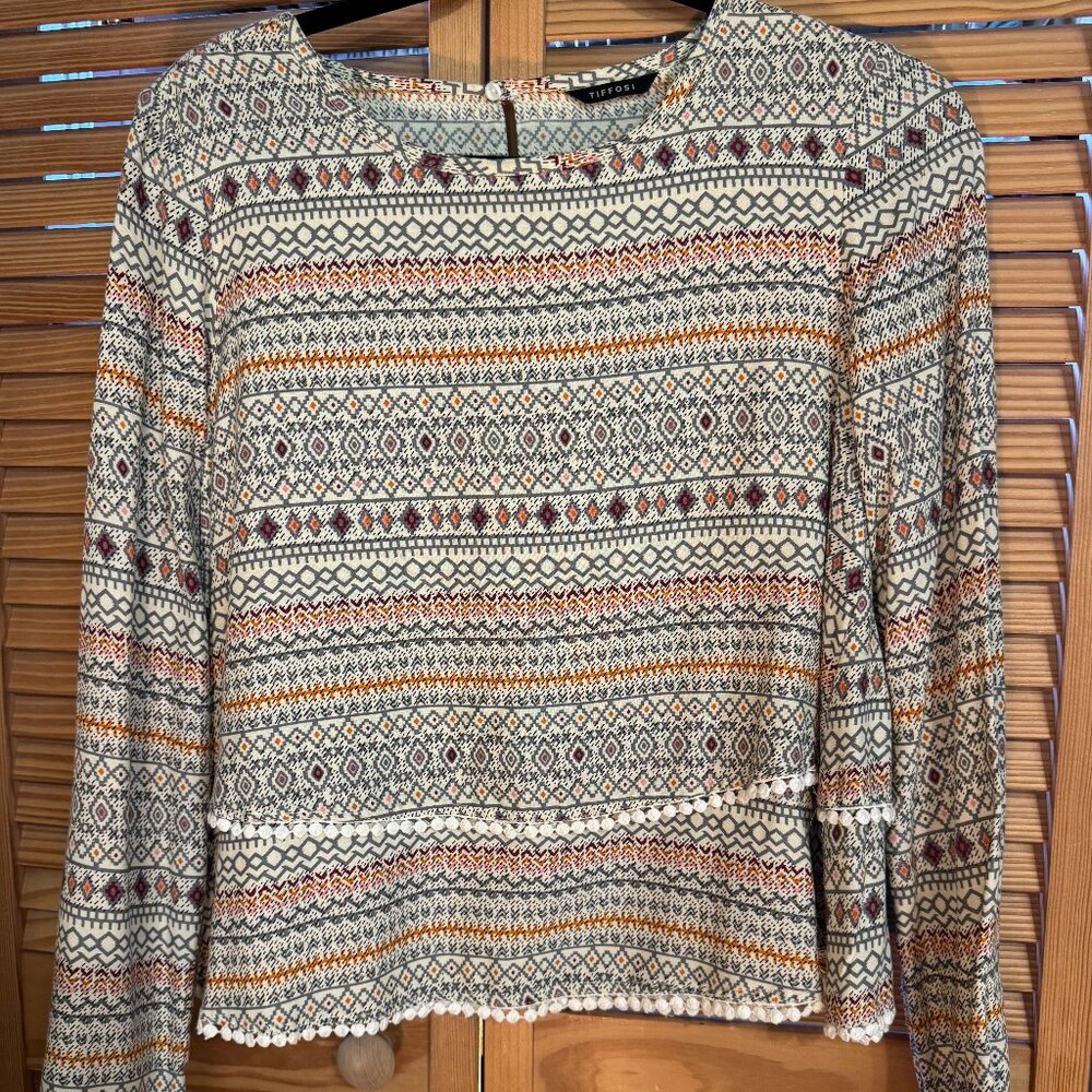 Tiffosi Boho Geometric Pom Trim Blouse Small Spain